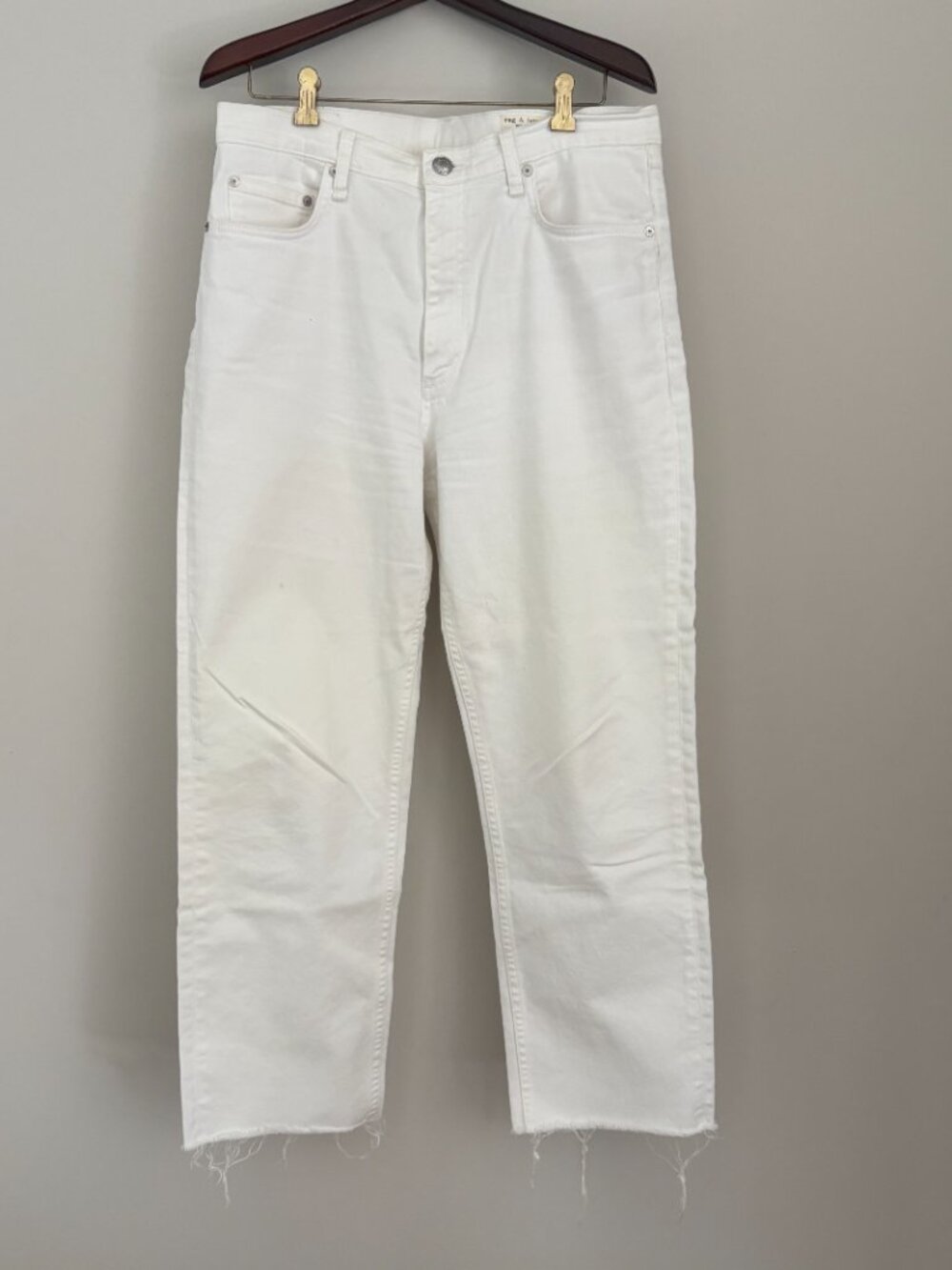 Rag & Bone White Straight Leg Jeans Raw Hem Boho Chic Coastal Grandma Chic Sz 32